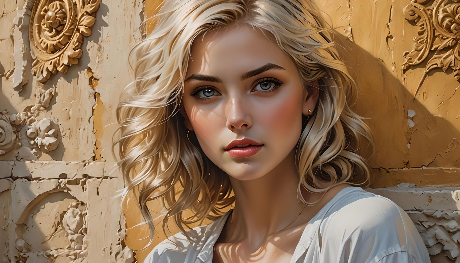 Beautiful Woman Leaning Against Ancient Stucco Wall