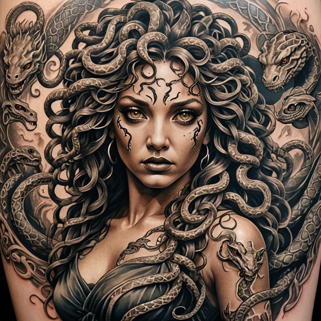 Detailed Medusa Tattoo Art: Snakes and Petrifying Gaze