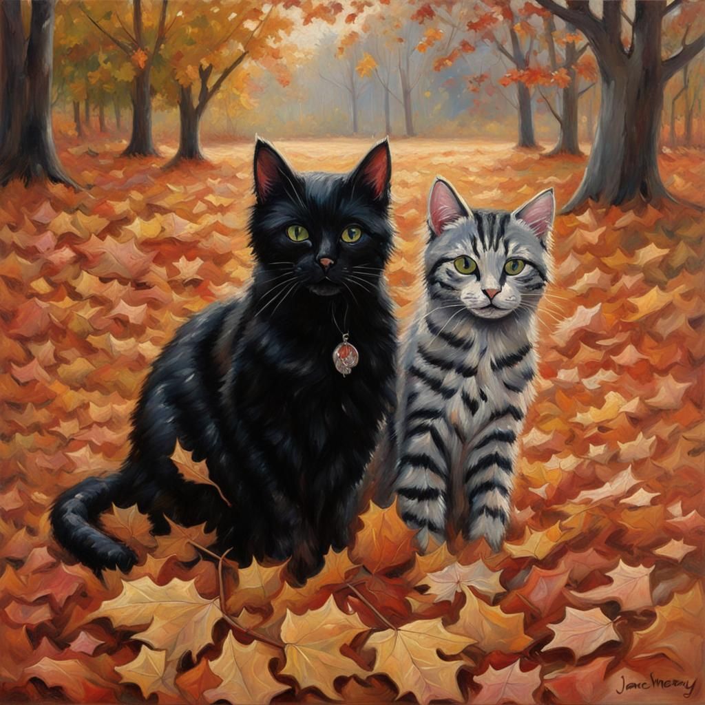 Cats Playing in Autumn Leaves, Oil Painting