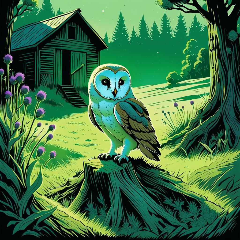 Camouflaged Scout and Owl in Kinetic Pointillism