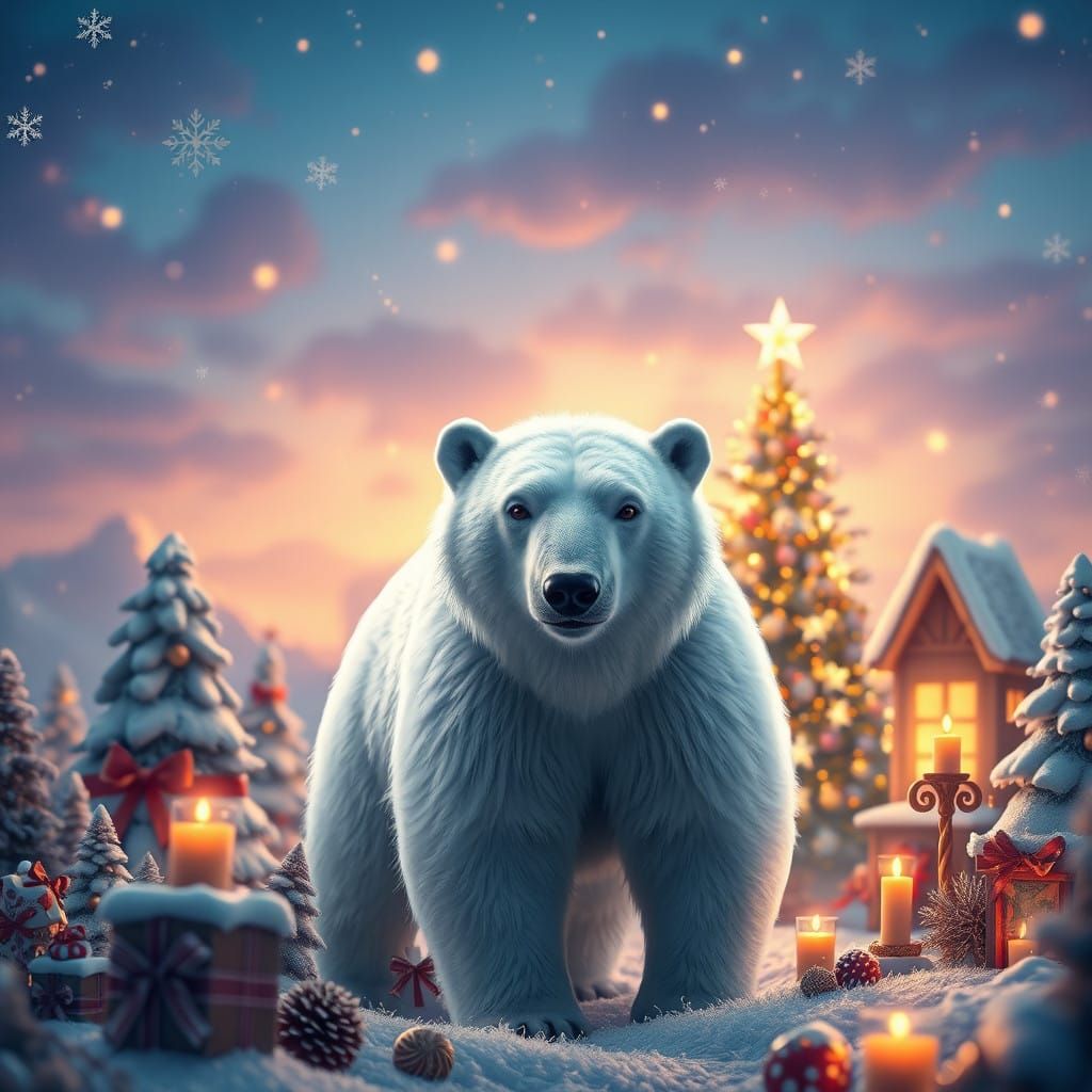 Magnificent White Polar Bear in a Whimsical Christmas Wonder...