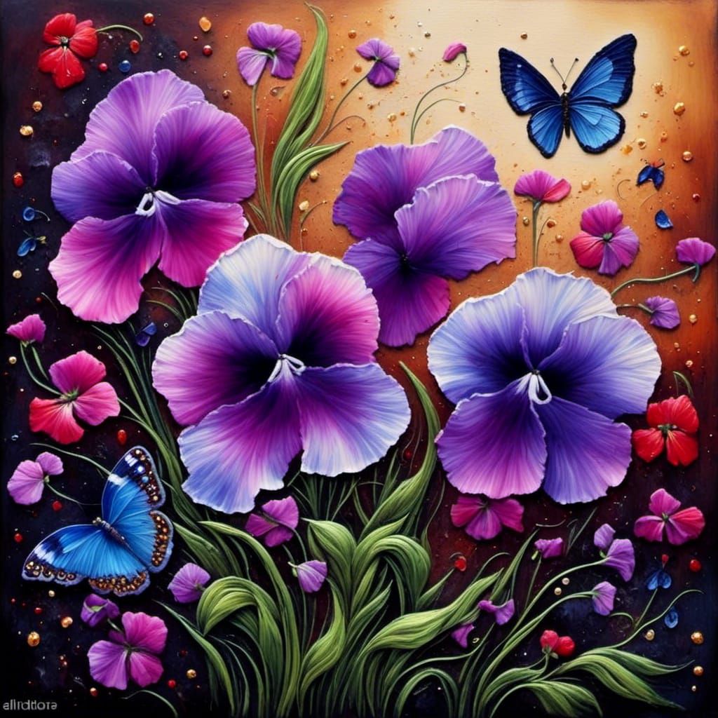 Sweetpea Blossoms and Butterflies in Salt Art