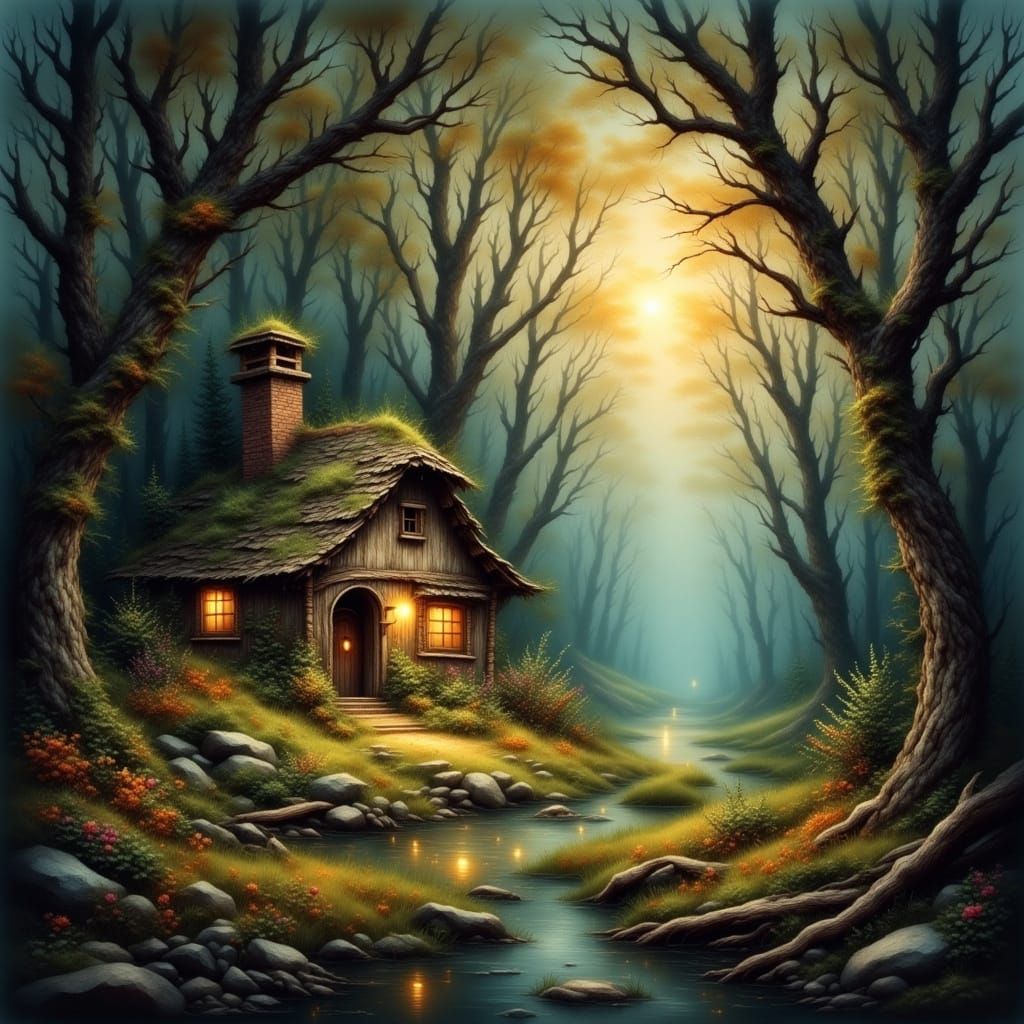 Dreamlike Forest Cottage in Luminous Twilight