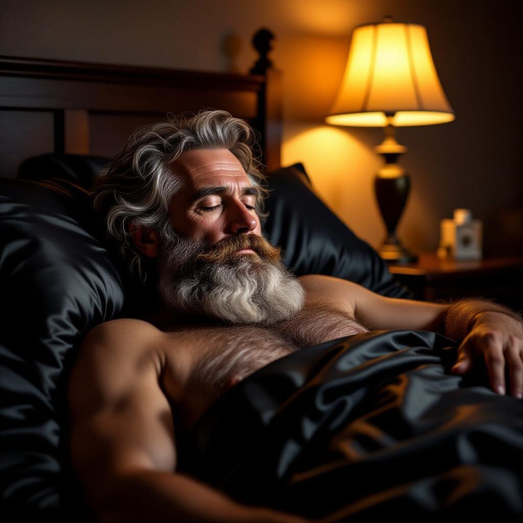 Photorealistic Portrait of Hairy Man in Bed with Chiaroscuro...