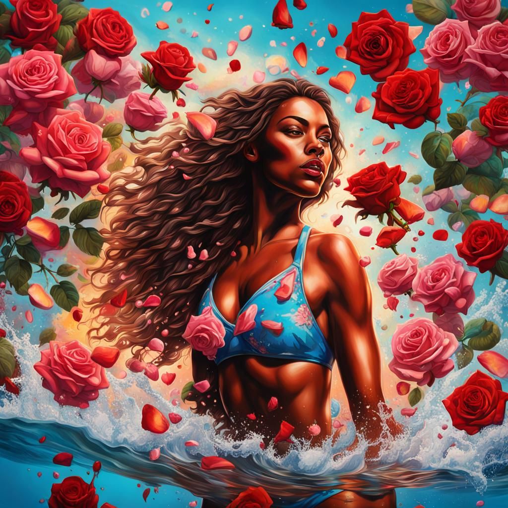 Chocolate Roses Sea: Woman's Explosive Swim, Splash Art