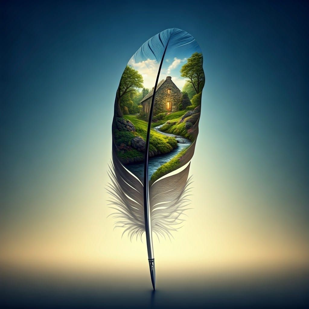 An illustration of a quill with a landscape and a house inside