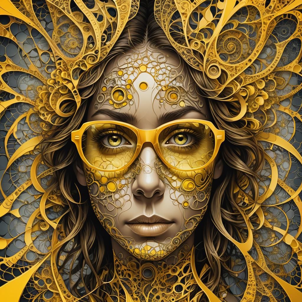 Yellow Glasses Fractal Portrait with Swirling Patterns