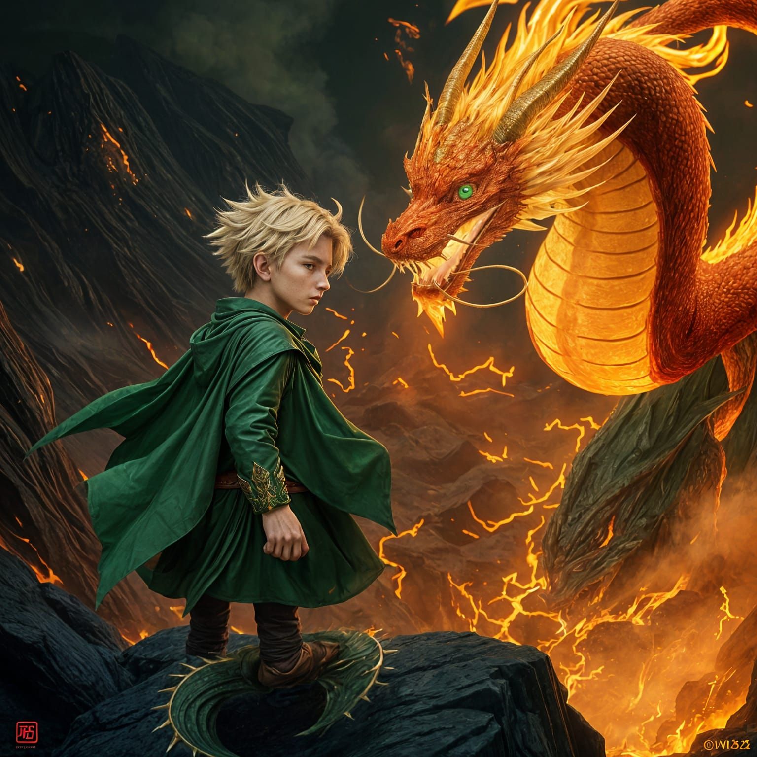 Heroic Blonde Warrior Confronts Fiery Dragon in Epic Fantasy...