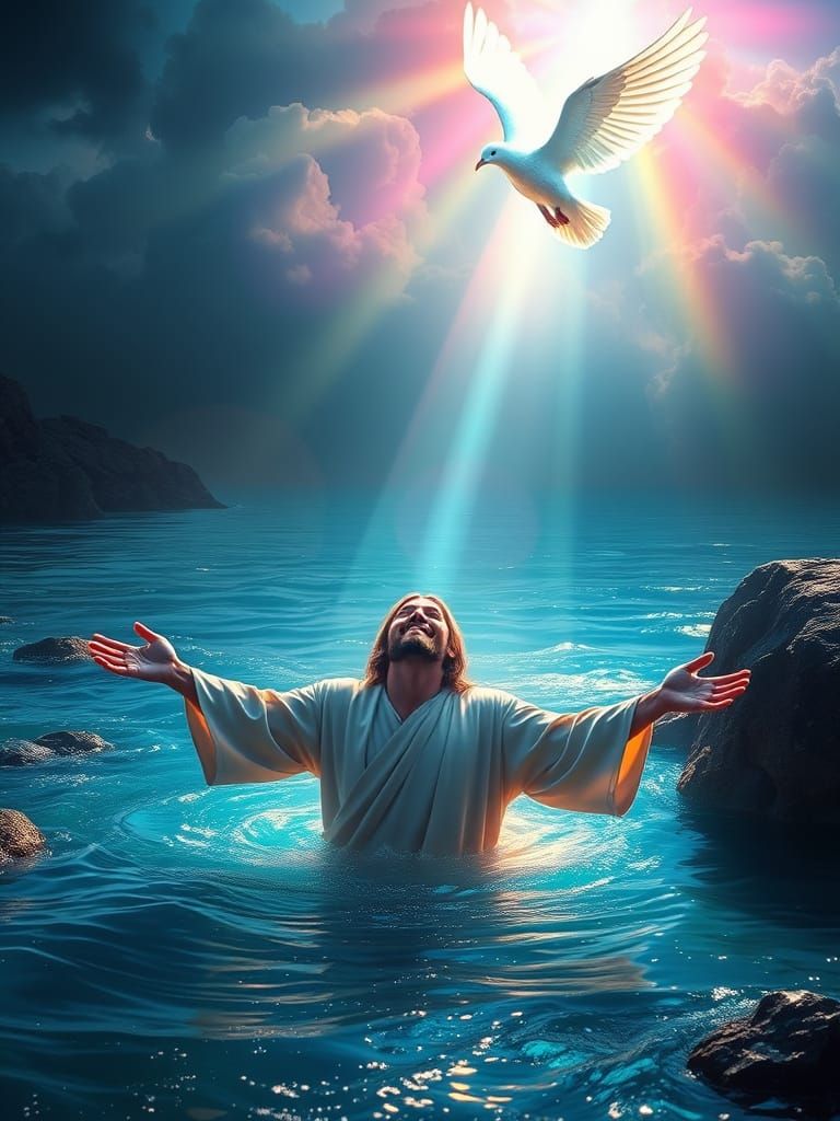 Serene Jesus Emerges from the River Jordan in Ethereal Glow