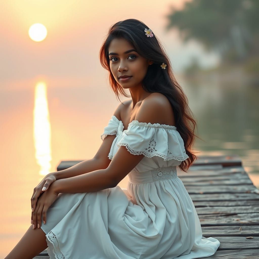 Serene Tamil Woman on Weathered Dock in Painterly Style