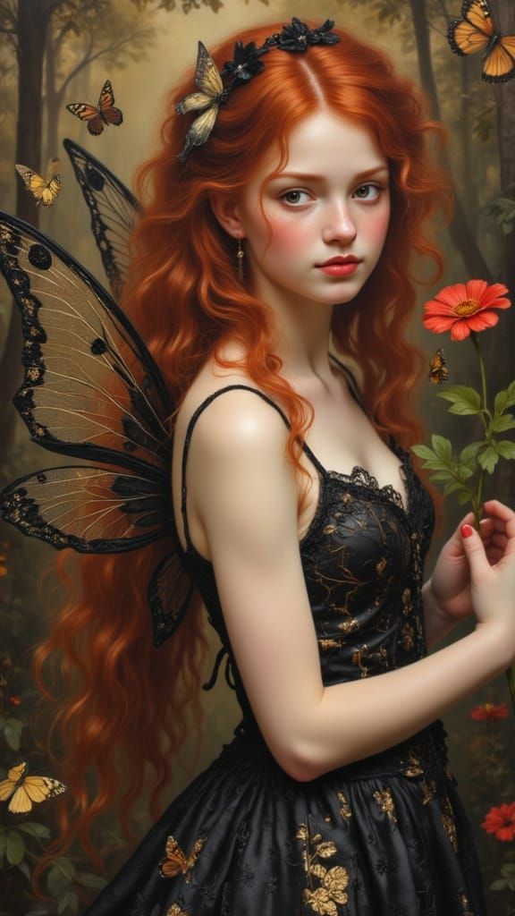 Beautiful Fairy with Red Hair and Black Wings Oil Painting