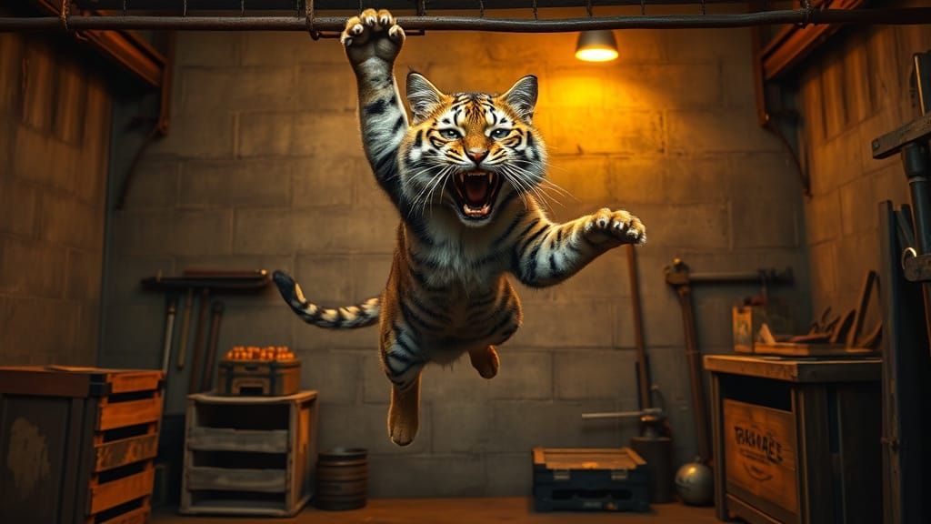 Ferocious Tiger Emerges from Tabby Cat in Moody Garage Scene