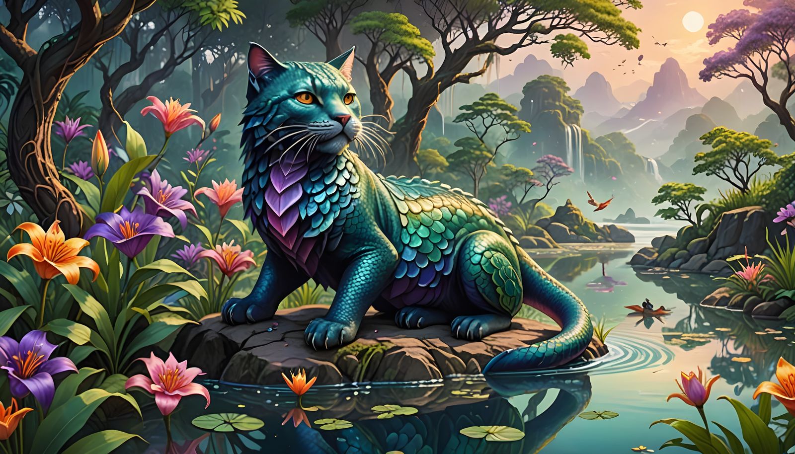 Majestic Crystal Cat Serpent Rides the River in Dreamy Water...