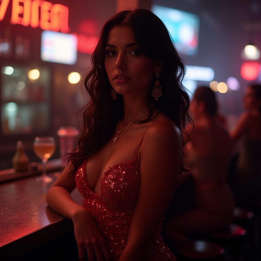 Woman in Cocktail Dress at Busy Nightclub Bar