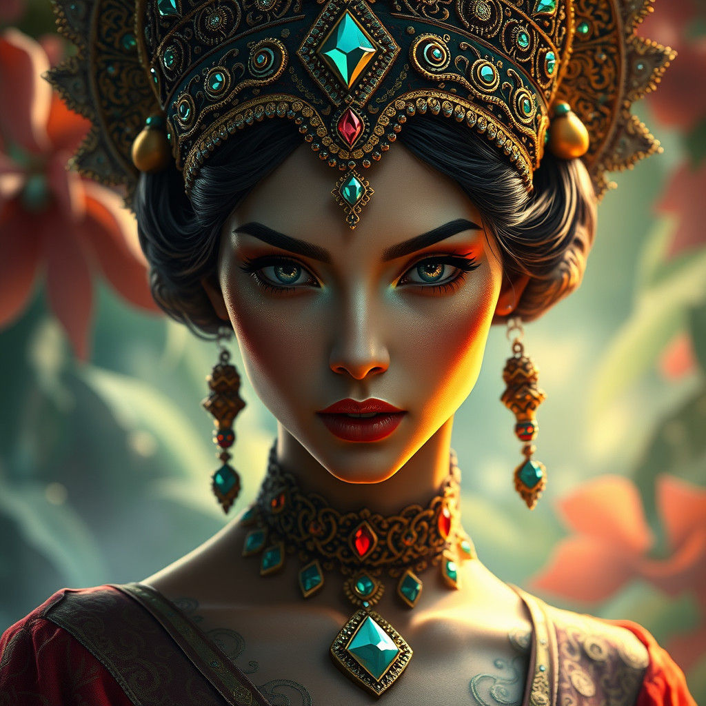 Regal Lemurian Princess Portrait in Art Nouveau Style