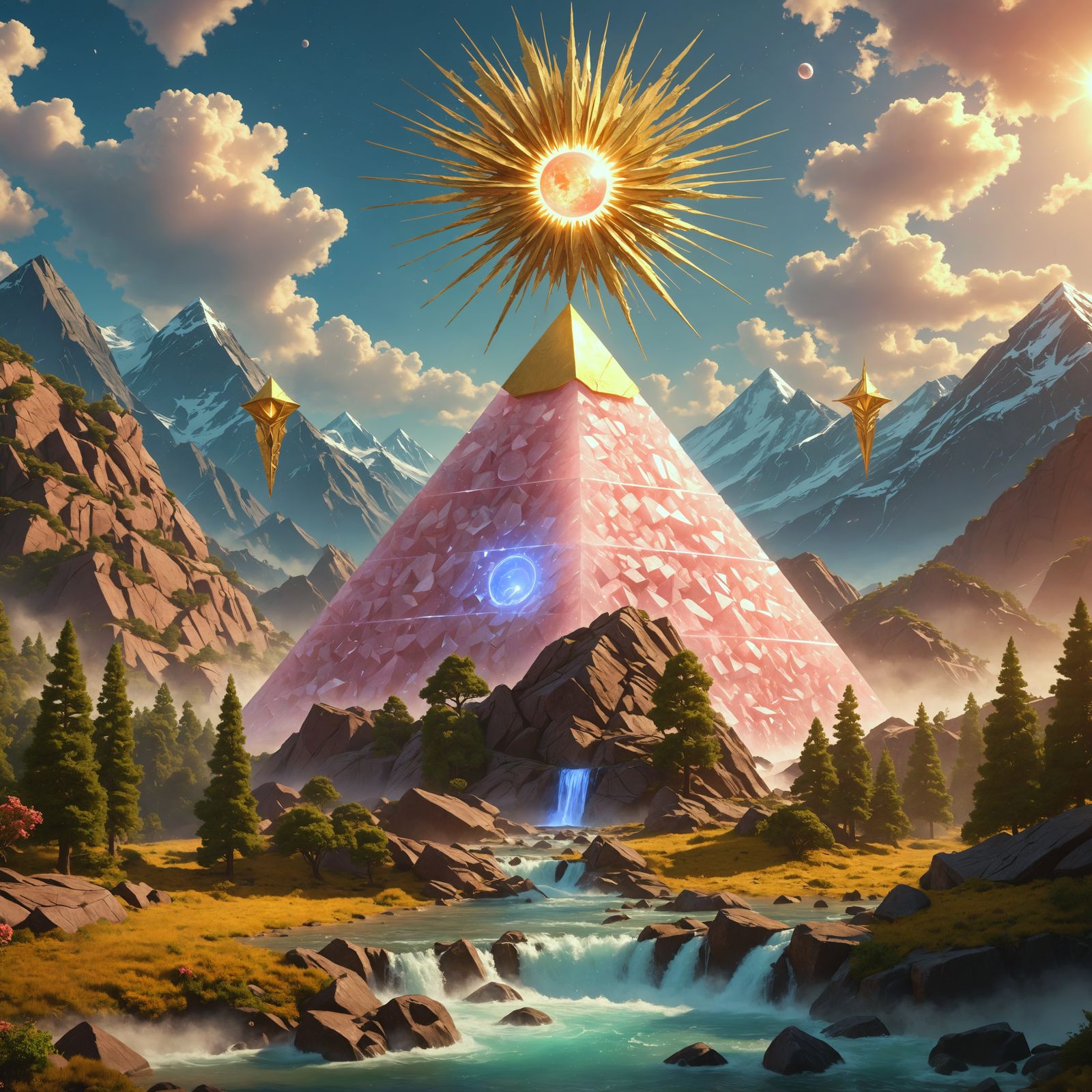 Glowing Rose Quartz Pyramid in Harmony with Celestial Forces