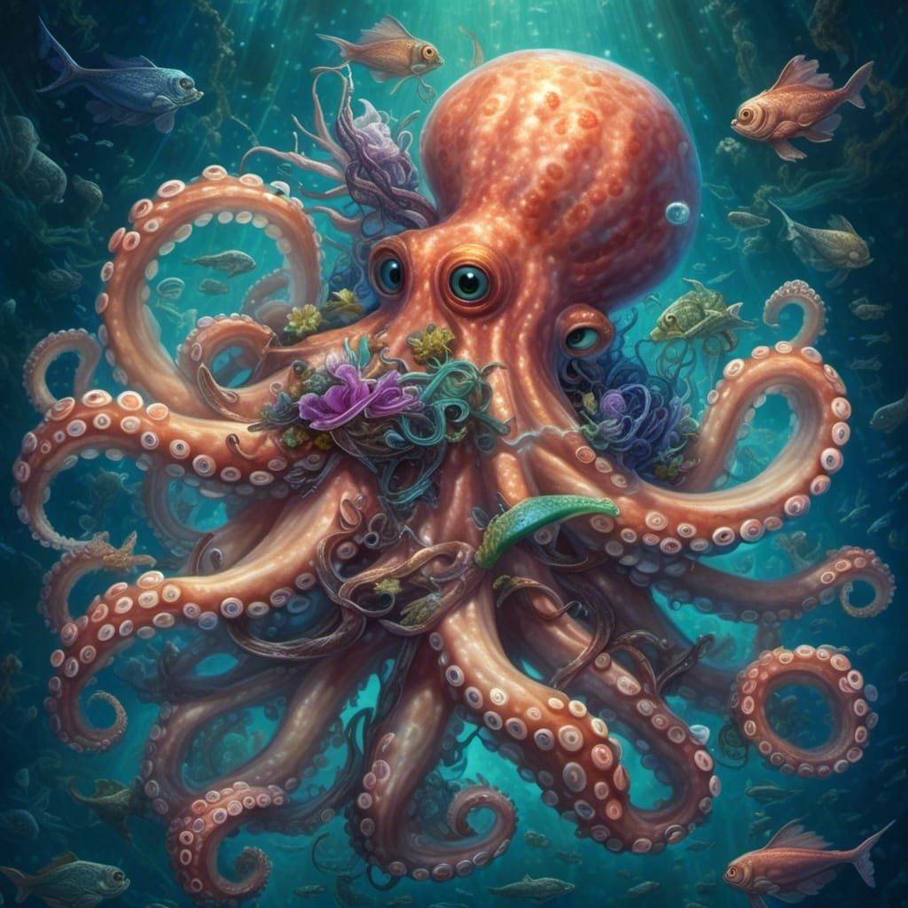 Hyperreal Cat-Octopus Submerged in Starry Ocean
