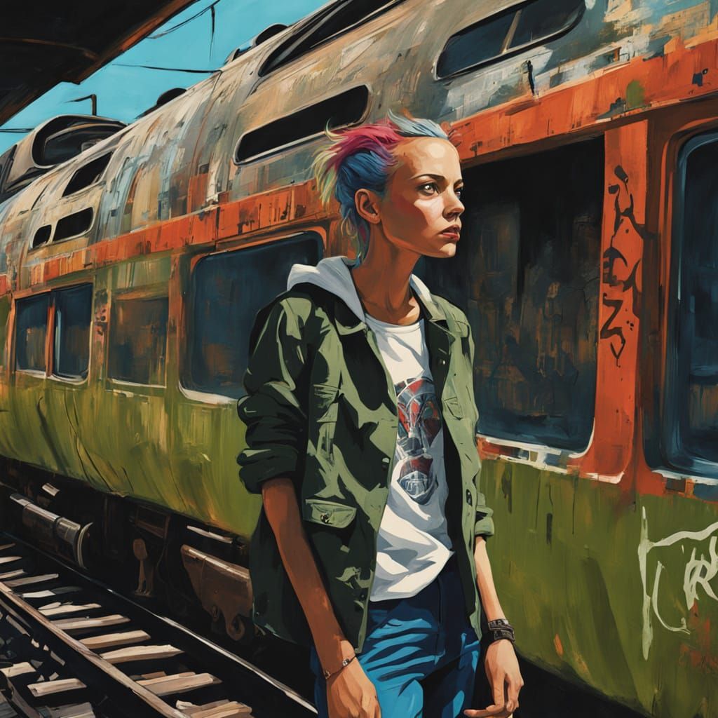 Punk Girl on Decaying Train in Gritty Street Art