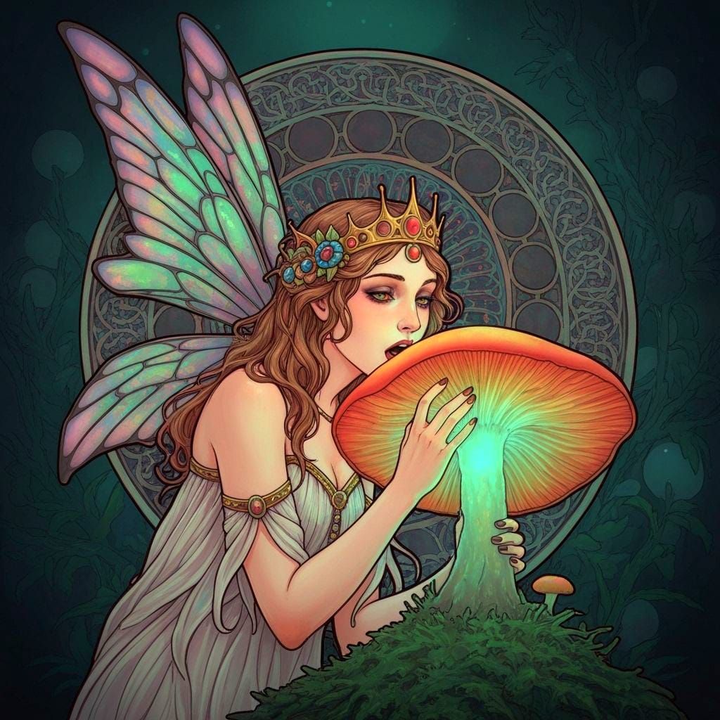 Art Nouveau Fairy Queen Eats Bioluminescent Mushroom