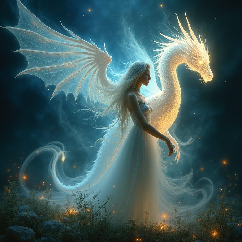 Ethereal Woman Merging with Spirit Dragon in Cosmic Nebula