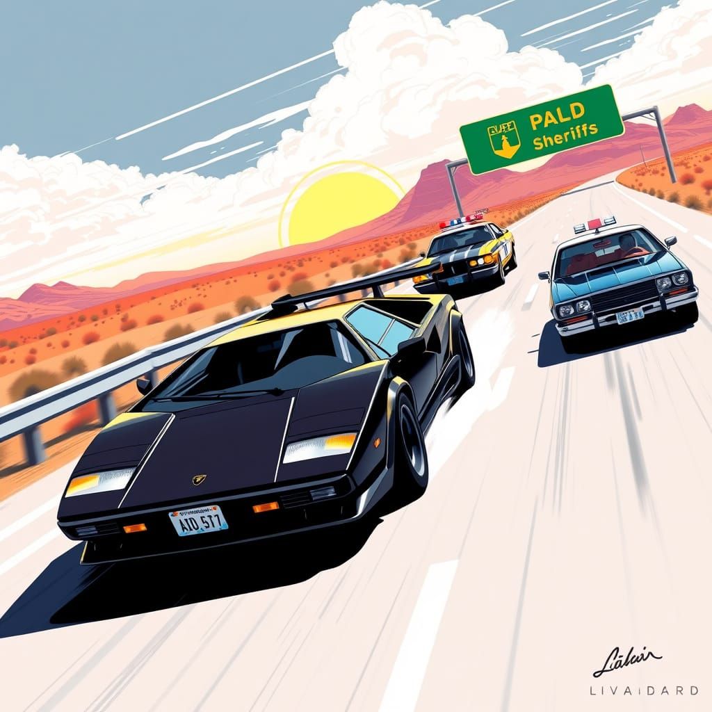 Retro Poster of Lamborghini Countach Being Chased