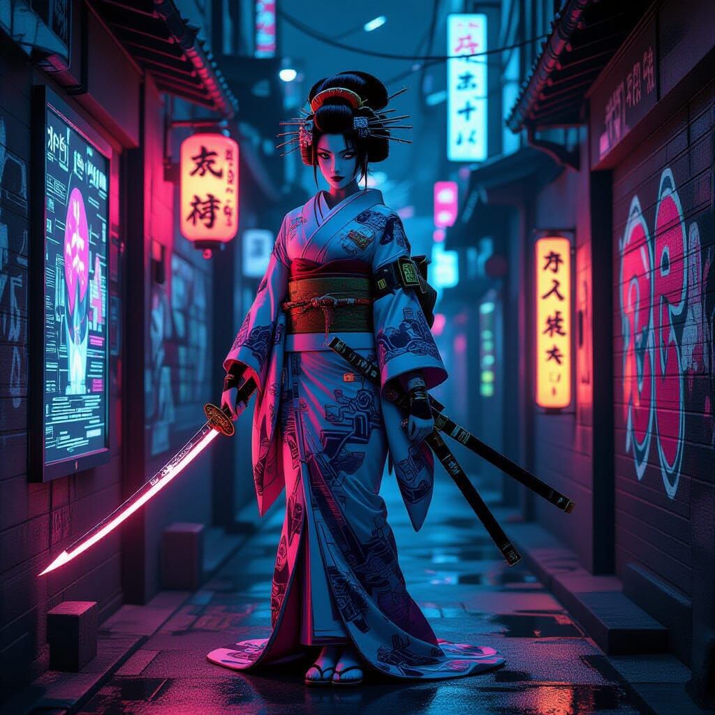 Cyberpunk Geisha Warrior in Neon Alley, Cel-Shaded Anime Art