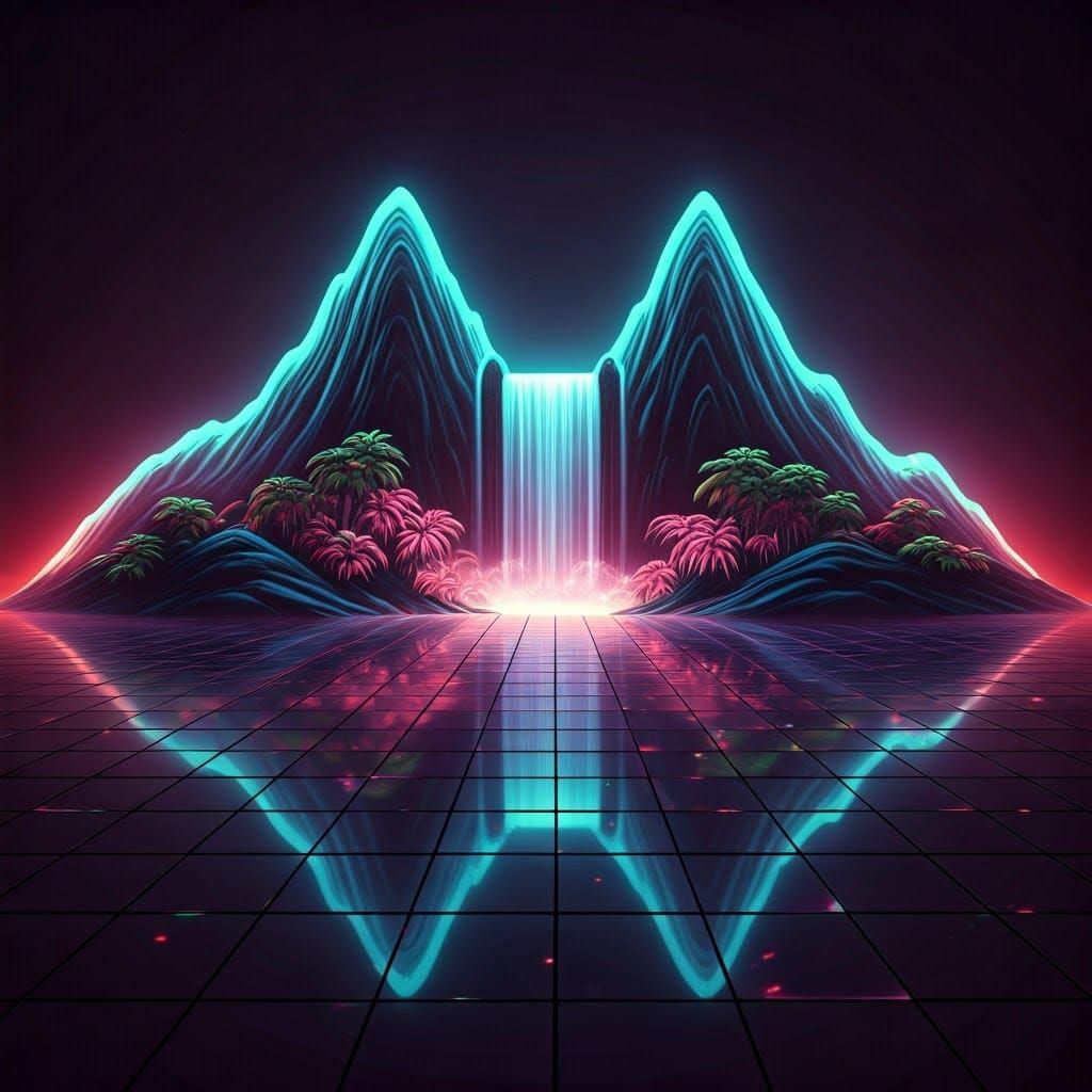 Ethereal Disco Mountain Landscape with Vibrant Waterfalls