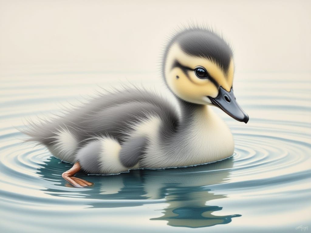 Whimsical Watercolor Duckling in Gentle Gray and White Hues