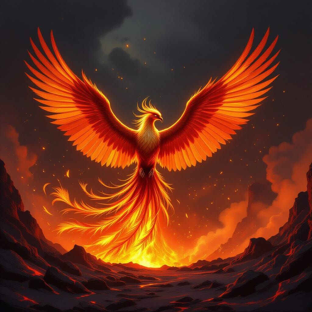 Majestic Phoenix Erupts from Molten Gold Caldera