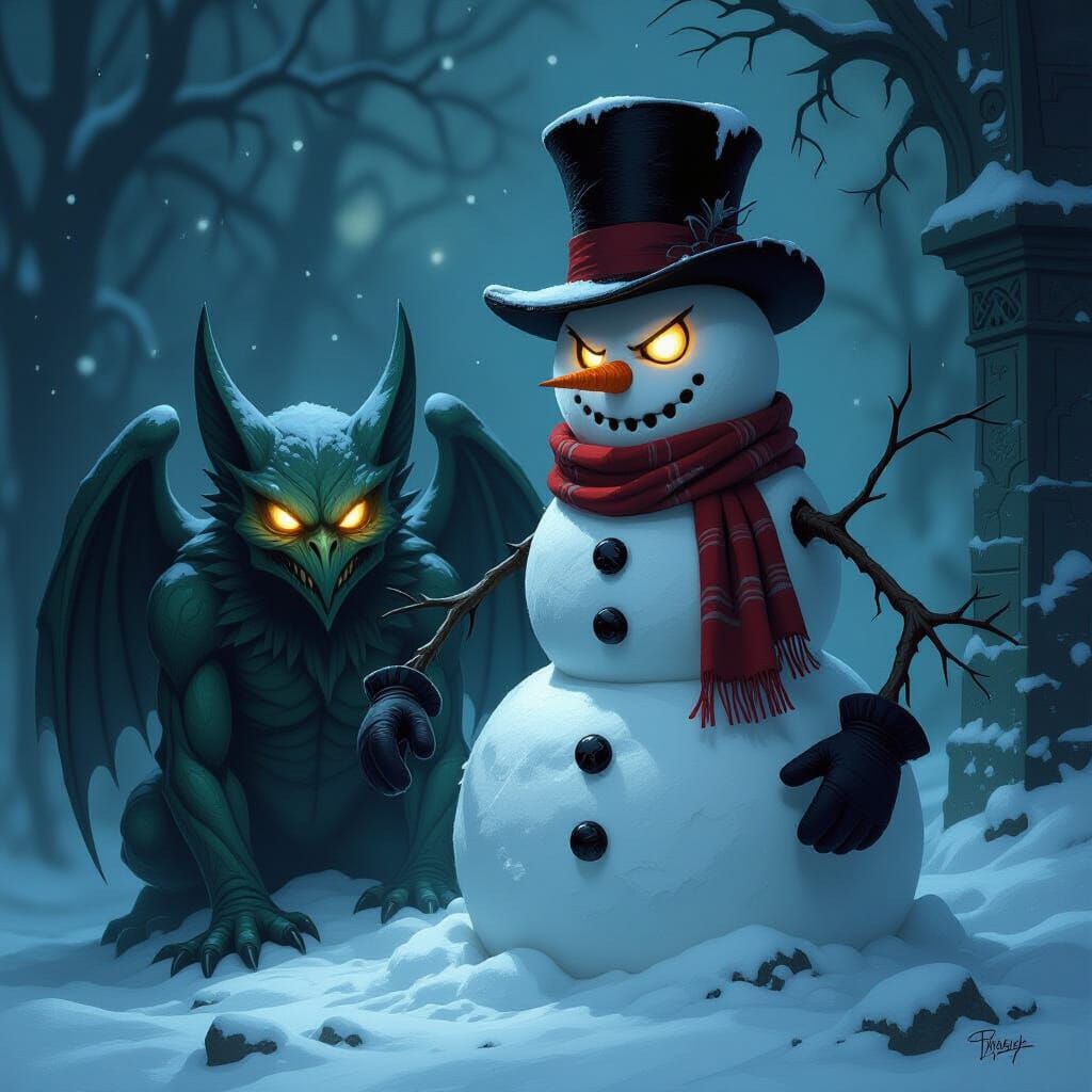 Menacing Snowman and Sinister Gargoyle in Dark Fantasy Style