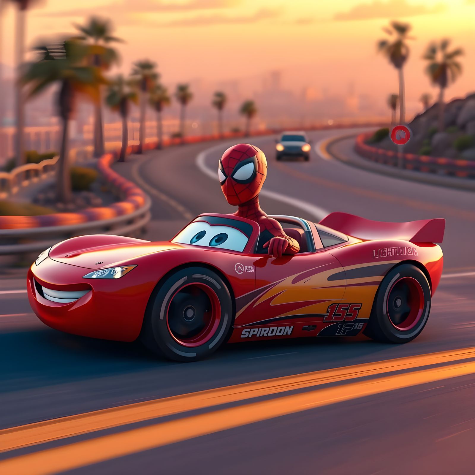 Spider-Man Rides Lightning McQueen in Vibrant, High-Tech Sty...