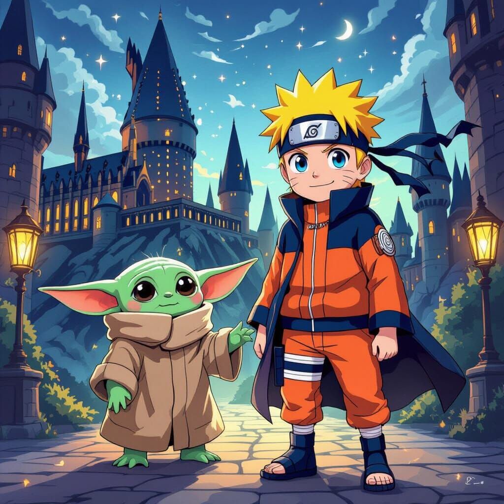 Naruto and Grogu in Hogwarts, Whimsical Fantasy Art
