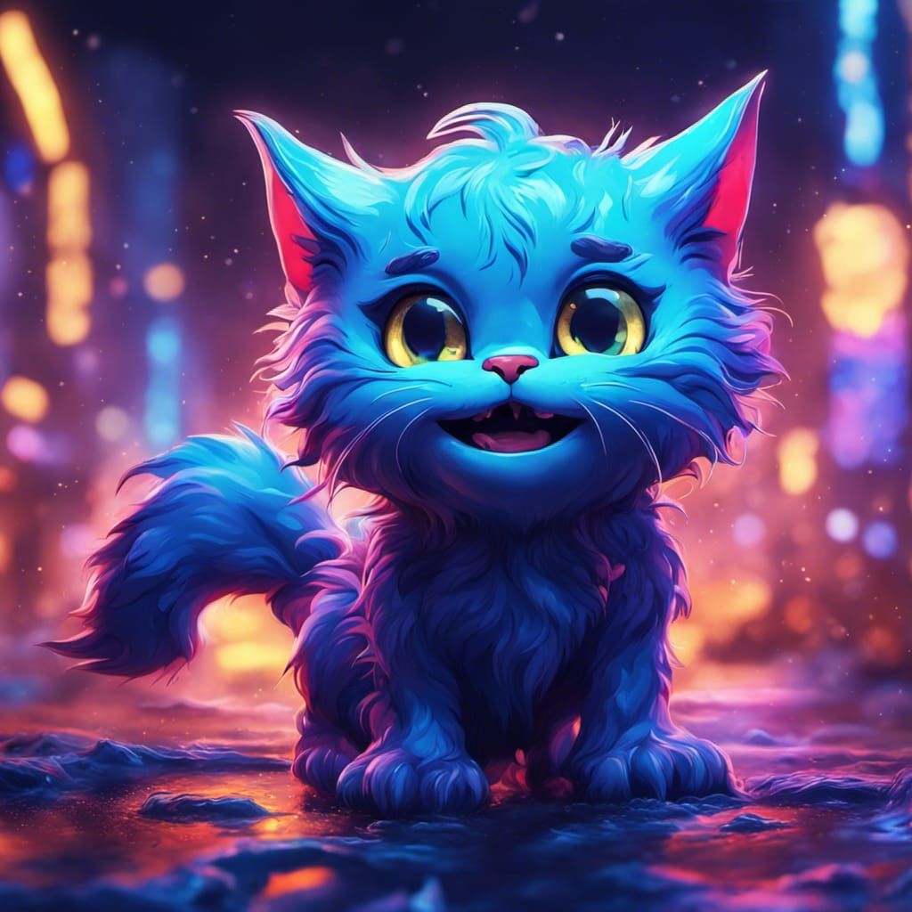 Colorful Monster Plays with Cats in Neon Moonlight