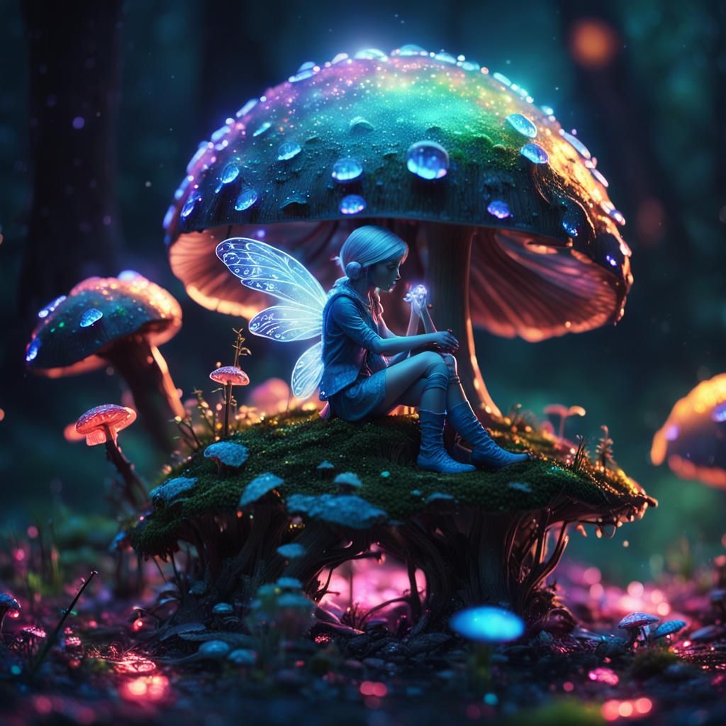 Neon Fairy on Mushroom: Macro Sci-Fi Photography