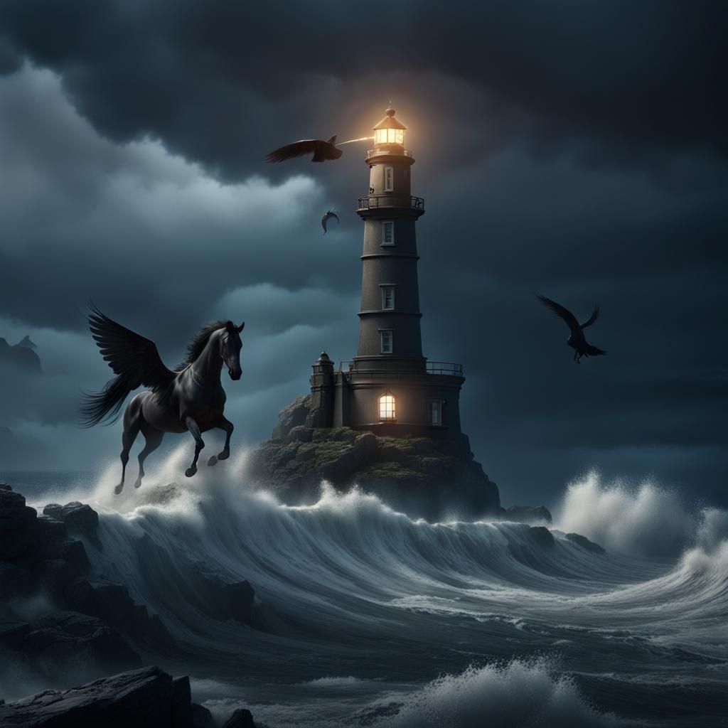 Winged Horse Soaring Past Stormy Lighthouse