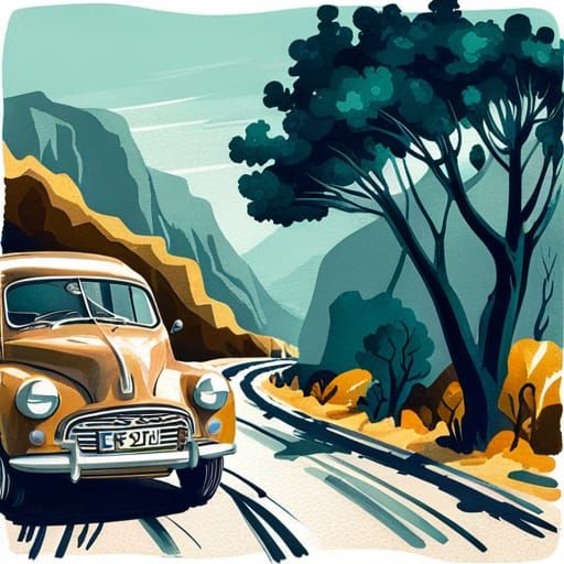 Morris Minor on Winding Road: Retro Pencil Sketch
