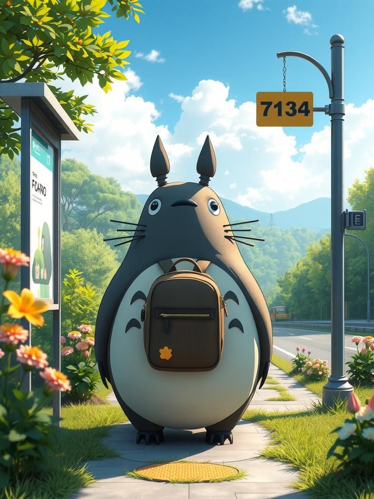Totoro standing by a bus stop