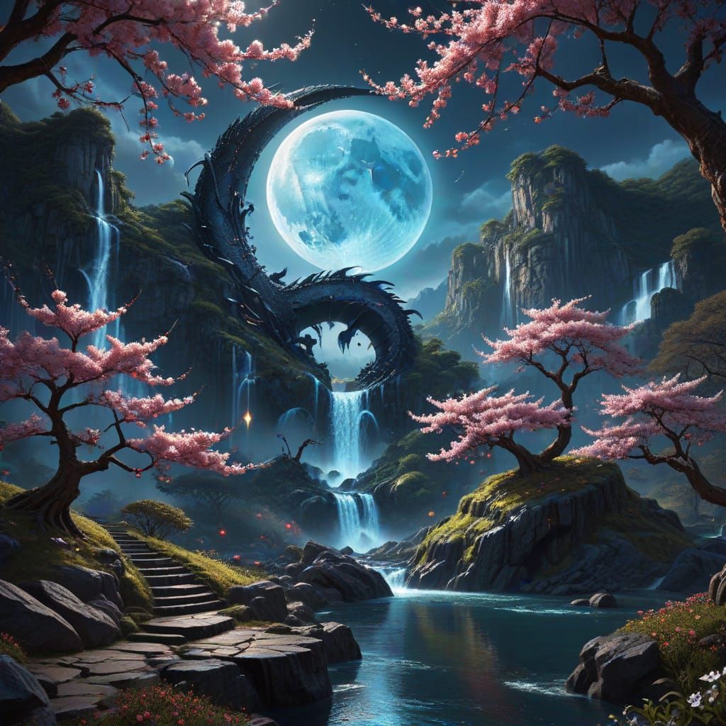Dragon on Crescent Moon Waterfall in Space