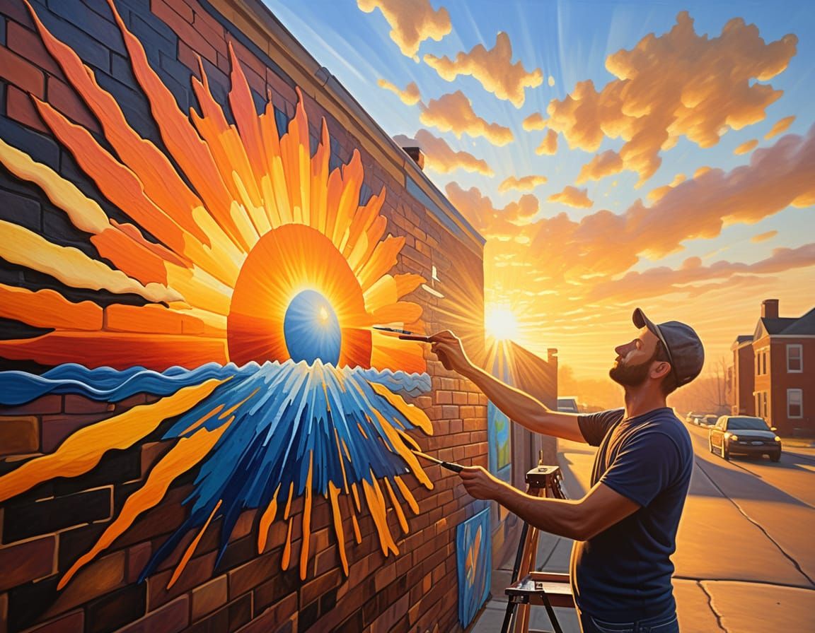 Street Artist Paints Sunrise Mural at Golden Hour