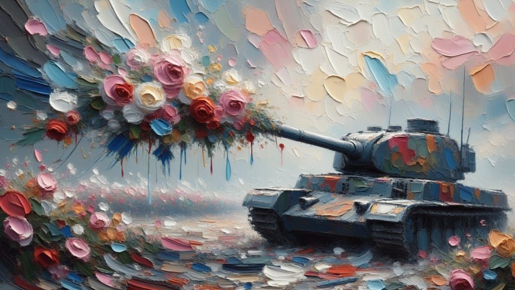 Artist Paints Flowers, Blocks Army in Impasto Style