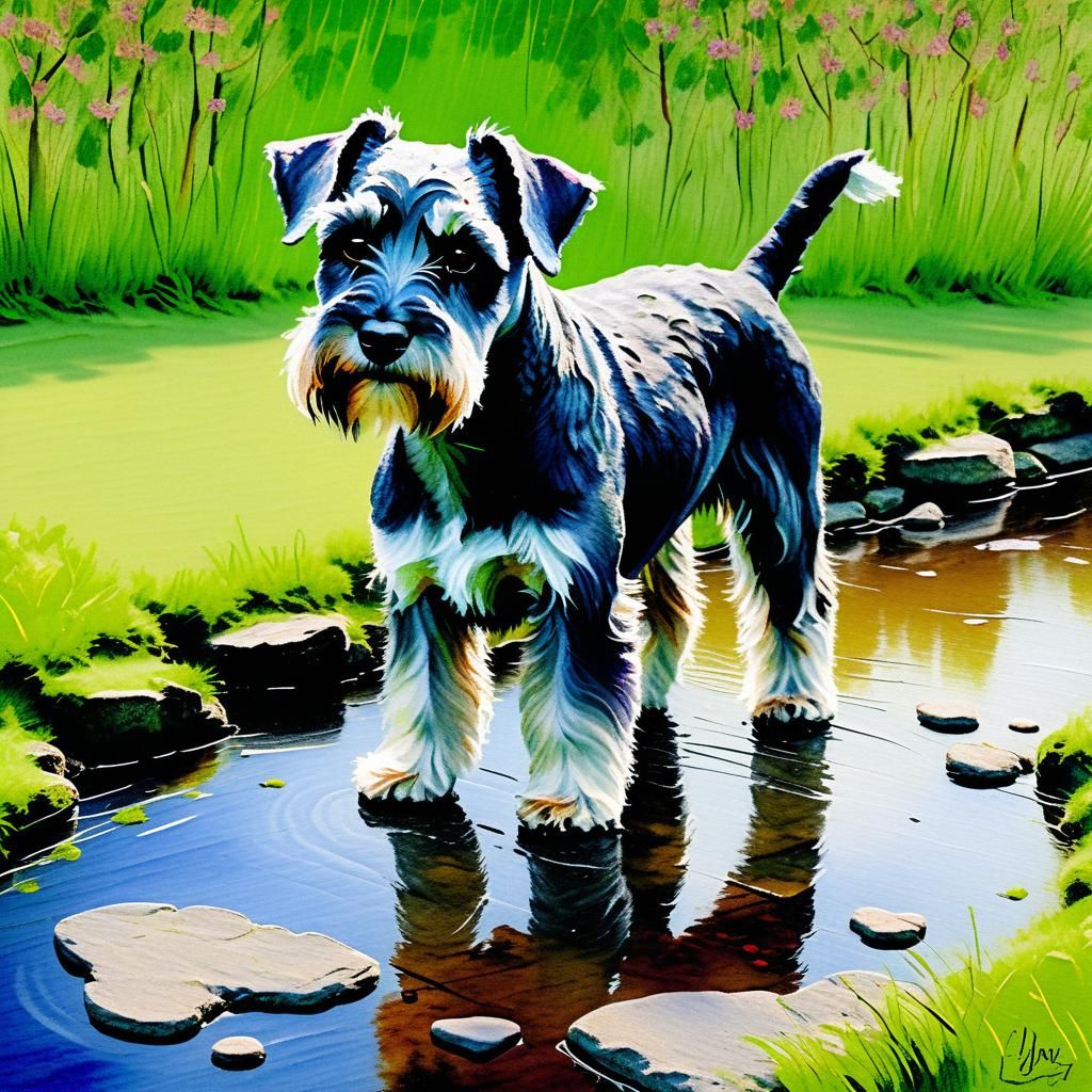 Mini Schnauzer in Dovedale, Impressionist Watercolor