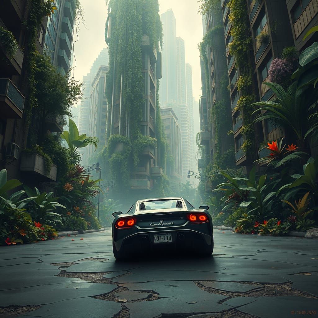 Futuristic Car in Overgrown Urban Jungle