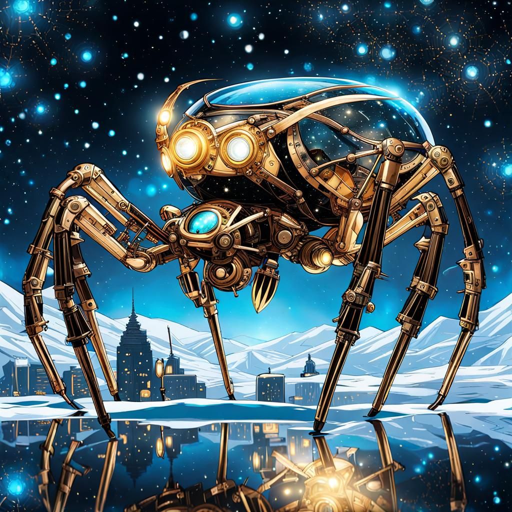 steampunk spider walking in a winter wonderland