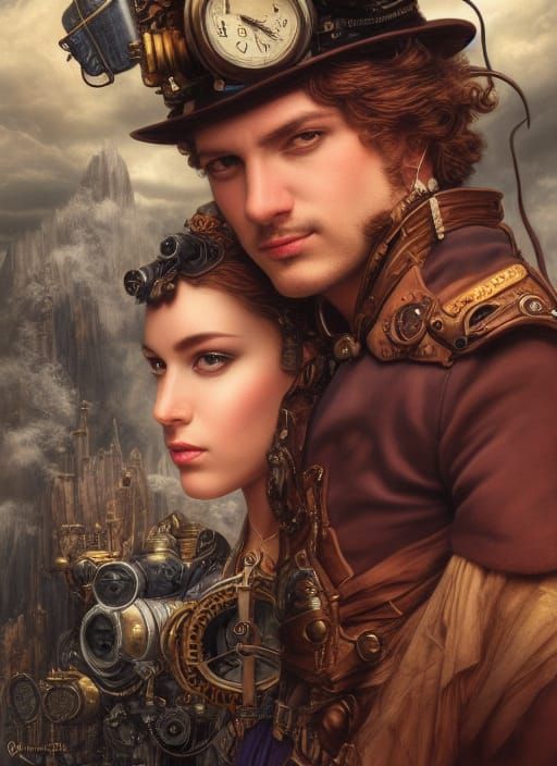 Steampunk Characters in Detailed Fantasy Landscape