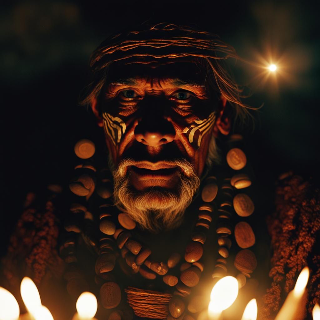 Mystical Shaman Hypnotizes Tranced Person: Cinematic Still