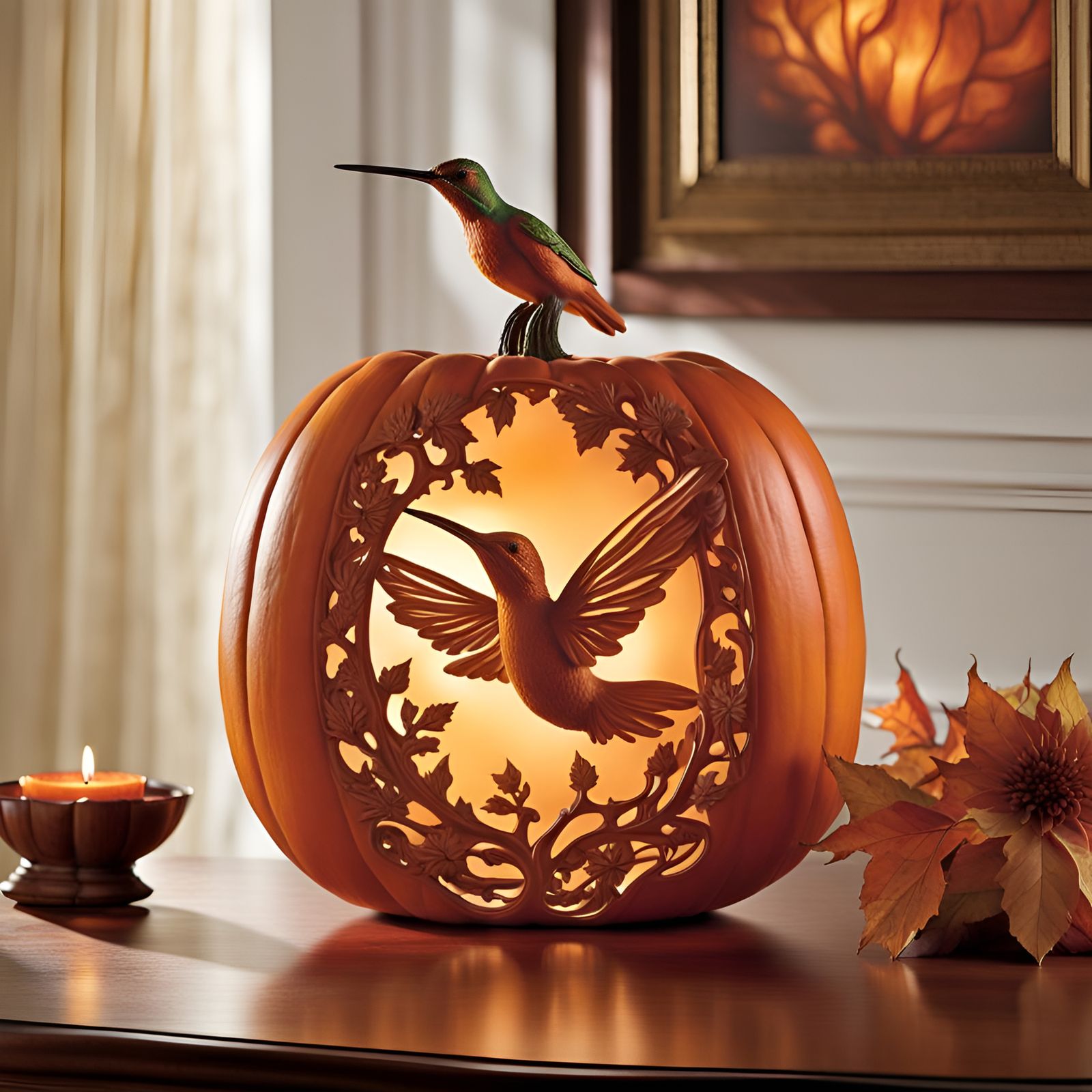 Hummingbird Hidden Inside Carved Pumpkin Sculpture