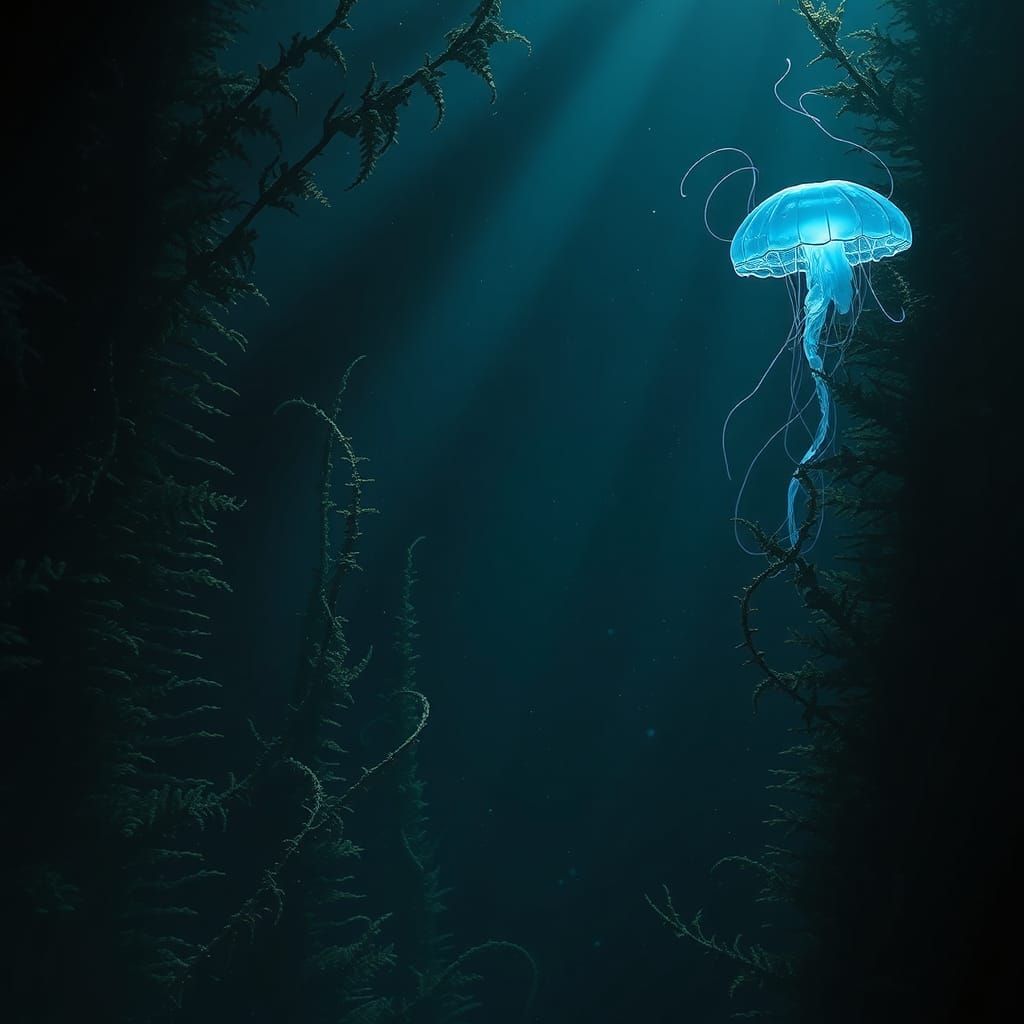 Bioluminescent Jellyfish in Deep Sea Kelp Forest