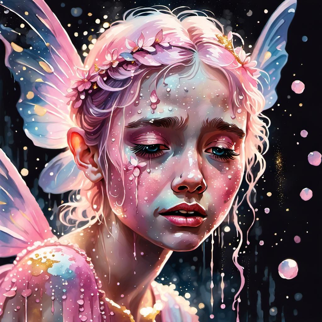 Crying Pastel Pink Fairy in Watercolor Style