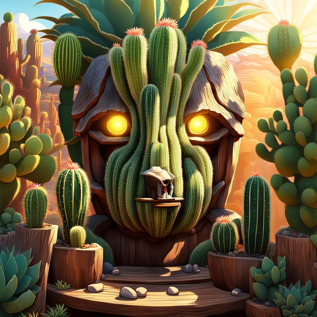 Old Man in Anime Style Beside Cactus