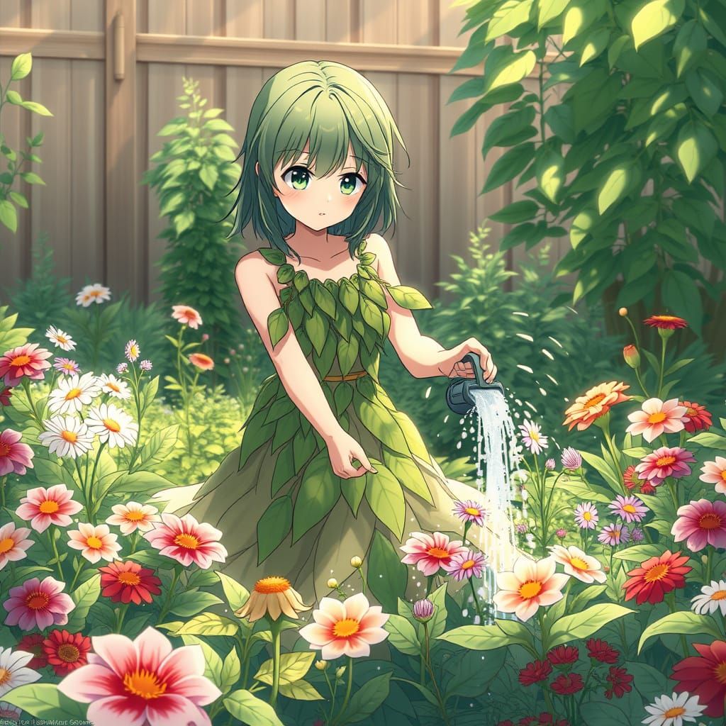 Anime Woman Waters a Vibrant Garden